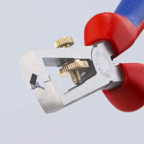 Close-up of end type wire stripper for electrical work with precision grips and durable build, showing cutting edge and adjustment knob.