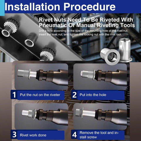 Installation procedure for 1/4-20 Aluminum Rivet Nuts Set With Threaded Inserts Rivnuts UNC Nutserts shown with tools.
