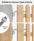 Four Pk Five Eighth Inch Heavy Duty J Bolt Gate Hinge Kit With Reinforced Mounting Plate shown on wood and concrete doors.
