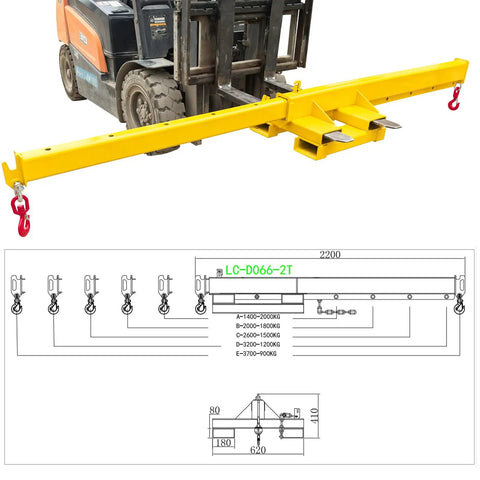 Heavy Duty Dual Direction Forklift Jib Crane, 6600 Lbs Telescoping Boom with dual hooks and steel frame design.