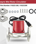 Direct Replacement 110223306 Wet Rotor Circulator Pump with red motor, metal housing, mounting brackets, and accessories for efficient heating.