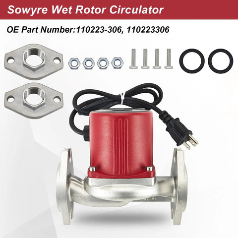 Direct Replacement 110223306 Wet Rotor Circulator Pump with red motor, metal housing, mounting brackets, and accessories for efficient heating.