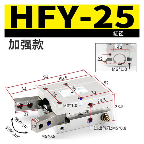Heavy Duty Pneumatic Gripper Finger Cylinder Kit HFY10 To HFY32 Industrial Air Claw Clamp with detailed measurements.