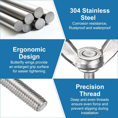 M8 Wing Butterfly Thumb Screws 304 Stainless Steel Bolt Kit showing ergonomic wing design for easy gripping and installation.