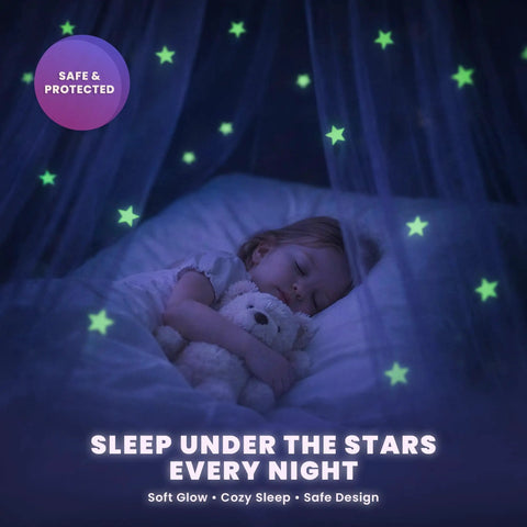 Girl sleeping under the Pink Princess Bed Canopy With Glowing Stars For Girls, Fits Crib, Twin, Full, Queen Beds, Dreamy Rainbow Netting