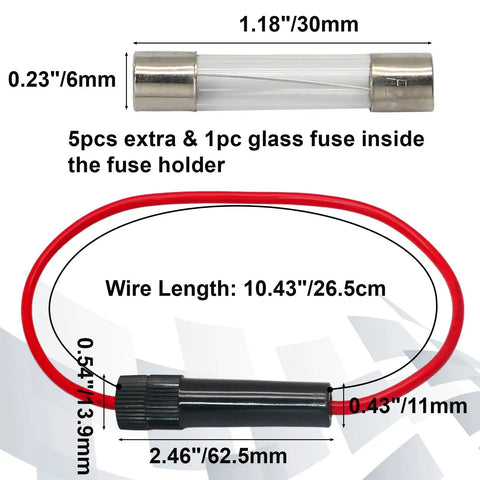 Beefy 250V Inline Fuse Holder Set With Six 6X30mm 1A Glass Fuses Bakelite Build High Heat Insulation Sweet Protection For Automotive Car Audio Gear And Home Projects Nifty Solution with a red wire and dimensions shown.