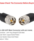 Close-up of KMR 400 UHF Coax Cable 50 Foot PL 259 UHF Male Jumper connectors for HAM CB radios, showing metal details.