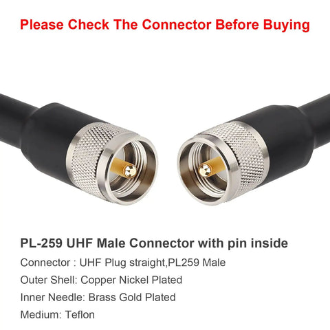 Close-up of KMR 400 UHF Coax Cable 50 Foot PL 259 UHF Male Jumper connectors for HAM CB radios, showing metal details.