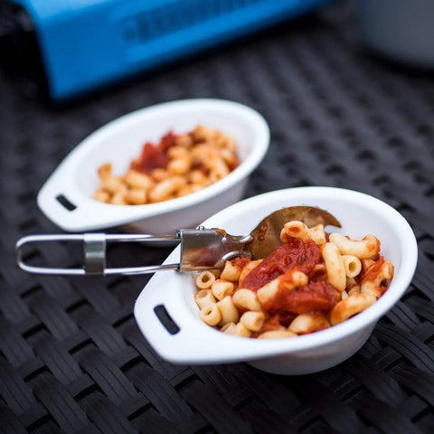 Camping Cookware 18 Piece Mess Kit With Backpacking Stove, mac and cheese in white bowls with utensils, ideal for campouts