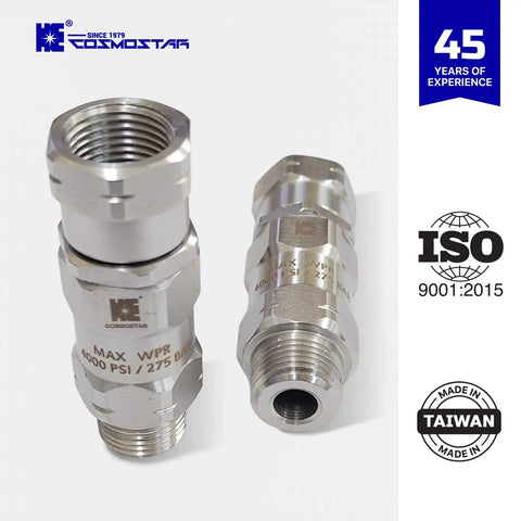 Stainless Steel 3/8 Inch NPT-M 360 Degree Pressure Washer Swivel Built To Last Leakproof High Flow Design For Up To 4000 PSI Keeps Hoses Flexible And Twist Free Not For M22 Threads Ideal For Tough Jobs, stainless steel swivel fitting shown from both sides