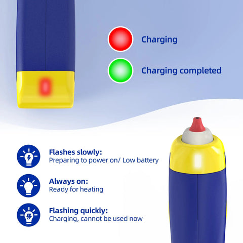 Cordless Hot Glue Gun With 6 Second Preheat, Auto Dispense And Dripless Design, showing charging status lights and glue pen tip
