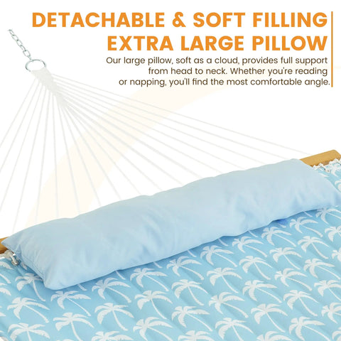 Two Person 12Ft Quilted Fabric Hammock With Soft Pillow For Outdoors Patio Poolside Beach Cozy Hangout With Spreader Bar And 450 Lbs Capacity Coastal Floral Style showcasing detachable soft pillow on blue floral fabric.