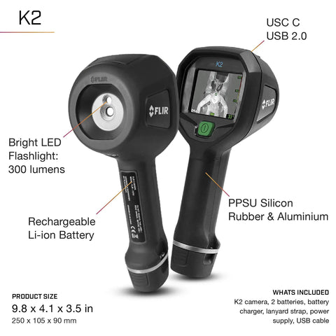 K2 Compact Thermal Imaging Camera with MSX and Multi Spectral Dynamic Imaging for firefighters, front and back view