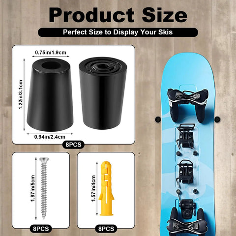 Rock Solid Vertical Ski Hangers And Snowboard Wall Mount Rack Set With Screws And Anchors Premium Black Storage Brackets for garage, showing size details and components.