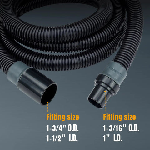 Dust Collection Hose Kit 10 Ft With Five Fittings For Woodworking Tools And Home Shop Vacs And Wet Dry Vacuums Fits 1 Inch And 1-1/2 Inch Ports Screw On Adapters For Easy Connection showing fitting sizes.