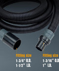 15 Ft Super Flexible Dust Collection Hose Kit For Woodworking Tools with two fittings and sizes labeled against gray background.