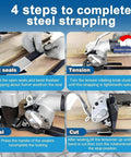Four steps using Heavy Duty Pneumatic Metal Strapping Tool Set For Industrial Bundling No Power Needed Yet Packs A Punch, Durable Alloy Steel Strapping Machine With Split Type Design, Fits 19 25 32 Mm Straps 0.6-1.2 Mm Thick 25 Mm Packaging.