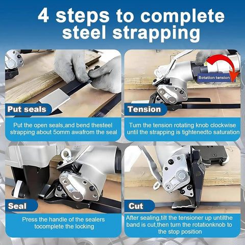 Four steps using Heavy Duty Pneumatic Metal Strapping Tool Set For Industrial Bundling No Power Needed Yet Packs A Punch, Durable Alloy Steel Strapping Machine With Split Type Design, Fits 19 25 32 Mm Straps 0.6-1.2 Mm Thick 25 Mm Packaging.