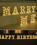 Must Have Light Up Letters Marquee Signs For Wedding Party And Home Decor featuring 'MARRY ME' and 'HAPPY BIRTHDAY' signs, warm white LED.