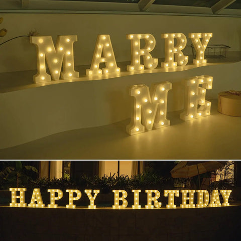 Must Have Light Up Letters Marquee Signs For Wedding Party And Home Decor featuring 'MARRY ME' and 'HAPPY BIRTHDAY' signs, warm white LED.