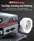 Electric 350W Digital Belt Sander And Knife Sharpener With Variable Speed And Adjustable Angle Includes Ten Sanding Belts For Wet Or Dry Use close-up of polishing wheel and sanding belt.
