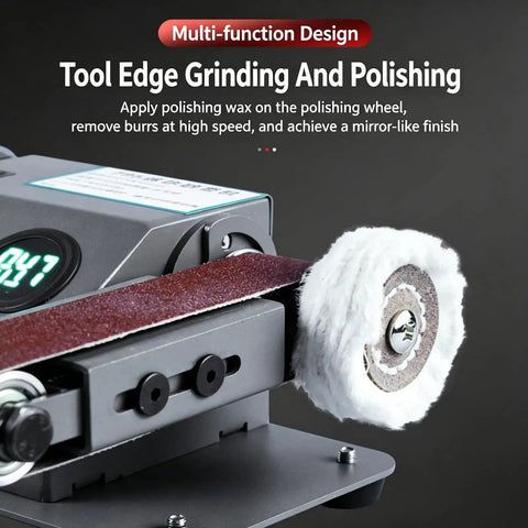 Electric 350W Digital Belt Sander And Knife Sharpener With Variable Speed And Adjustable Angle Includes Ten Sanding Belts For Wet Or Dry Use close-up of polishing wheel and sanding belt.