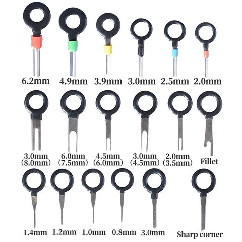 70 Piece Terminal Removal Tool Set With Pin Extractor featuring various pin sizes and colors, black rings visible, durable stainless steel.