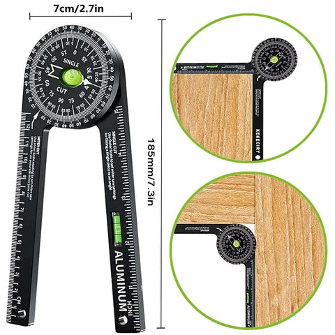 Miter saw protractor angle finder, black aluminum with built-in level gauge, front view