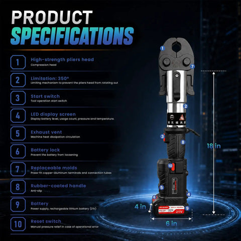 18V Brushless Portable Copper Pipe Crimping Press Tool With Batteries Charger specifications showing handle, display, and head details.