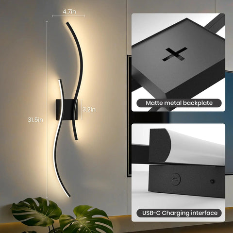 Cordless Battery Operated Wall Sconces Set Of 2 With 10000mah Power Bank 31.5 Inch Black LED light with matte metal backplate and USB-C charging.