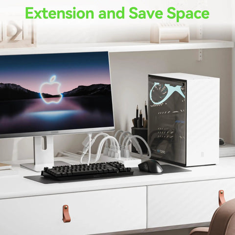 Modern workspace setup with monitor, white PC case, keyboard, mouse, and 2 Foot 3 Prong Built Tough Heavy Duty Extension Cord For Indoor Outdoor Use Waterproof SJTW 16 AWG 125V 13A Flexible Cable White Single Outlet Saver For Home Garage Workshop.