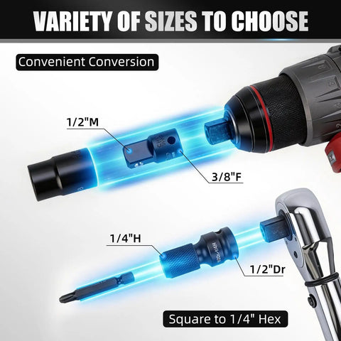 Variety of sizes for 20 Piece Locking Impact Socket Extension Set With Three Inch Six Inch Nine Inch Extension Bars
