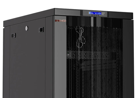 Beast Mode Rolling Server Rack With Full Locking Accessory Kit Featuring Lcd Screen, mesh door, and cooling fans.