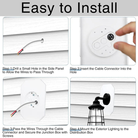 Step-by-step installation guide for White 2 Pack Vinyl Siding Mounting Brackets With Built In Electrical Box for outdoor lighting.
