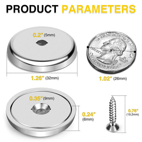 Beefy Neodymium Round Base Cup Magnets With Countersunk Holes And Stainless Screws, 100 lb Holding Power, dimensions compared to coin