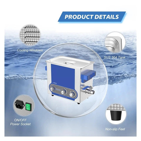 Big 6 Liter Ultrasonic Cleaner With Digital Timer And Heat Function For PCBs Jewelry Tools showing SUS 304 tank and cooling windows.