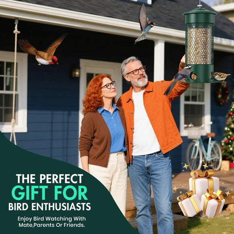 Couple observing Heavy Duty Weight Activated Squirrel Proof Bird Feeder For Outdoor Hanging Large Capacity All Metal Weatherproof