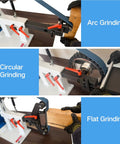 Heavy Duty Belt Grinder Sander With Badass 1500 Watt Variable Speed Metal Polishing Machine showing arc, circular, and flat grinding actions.