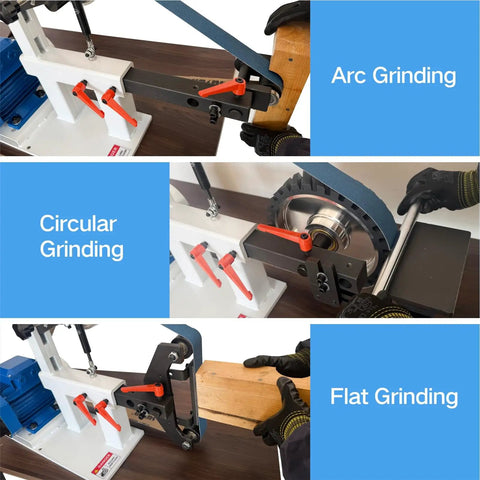 Heavy Duty Belt Grinder Sander With Badass 1500 Watt Variable Speed Metal Polishing Machine showing arc, circular, and flat grinding actions.