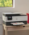 OfficeJet Pro 8139e Wireless All In One Color Inkjet Printer With Print Scan Copy Fax Auto Document Feeder Duplex For Home Office AI Features And 1 Year Instant Ink Trial Included, shown on a desk, dimensions labeled.