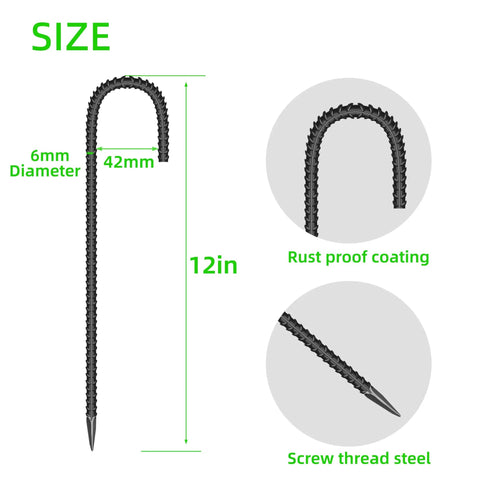 Diagram of Heavy Duty Set Of 20 12 Inch Garden Ground Stakes Galvanized Steel J Shape Hooks, showing dimensions and rust-proof coating.
