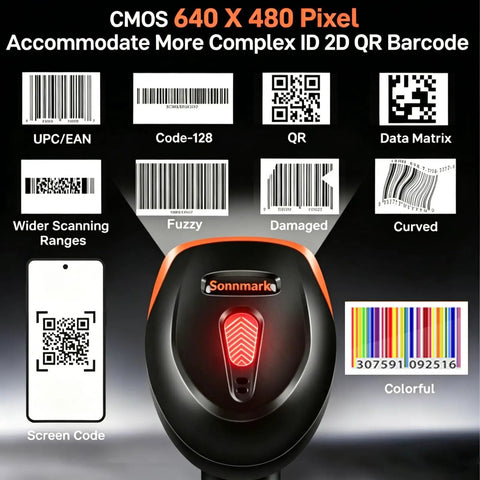 2D USB Wired Barcode Scanner With Plug And Play Setup For 1D And 2D Codes, Fast CCD Image Reading, Great For POS Retail, Warehouse Inventory, And Mobile Scanning On Android iOS PC Tablet displayed with various barcode types.