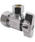 Close-up chrome-plated brass angle shut-off valve, squared body; 1/2 in NOM inlet to 3/8 in compression outlet, 1/4-turn; 5-pack.