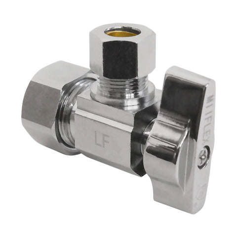 Close-up chrome-plated brass angle shut-off valve, squared body; 1/2 in NOM inlet to 3/8 in compression outlet, 1/4-turn; 5-pack.