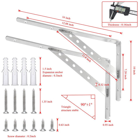 Rock Solid Shelf Brackets 16 Inch L Brackets For Shelves Heavy Duty Stainless Steel Angle Brackets With 440 Lbs Maximum Load Pack Of 2 Silver Finish Great For Kitchens Garages And Workshops, showing dimensions and components