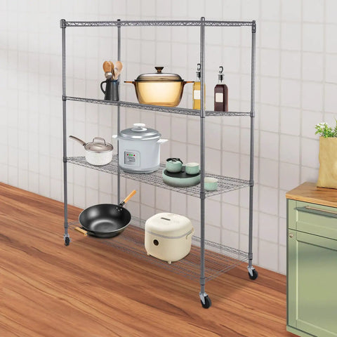 Heavy Duty 4 Tier Wire Shelving Rack Smooth Operator Design Adjusts in Seconds Rolls Like a Dream on Locking Casters with kitchen items