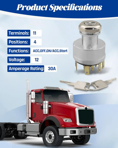 12V 30A Ignition Switch For 4000 And 8000 Series Trucks With 2 Keys, 11 Pin 4 Position Replacement, Drop In Direct Fit