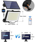 Diagram of 2 Pack Outdoor Solar Motion Lights With Remote, 3 modes, 228 LED Flood Lights, IP65 waterproof, showing size and remote