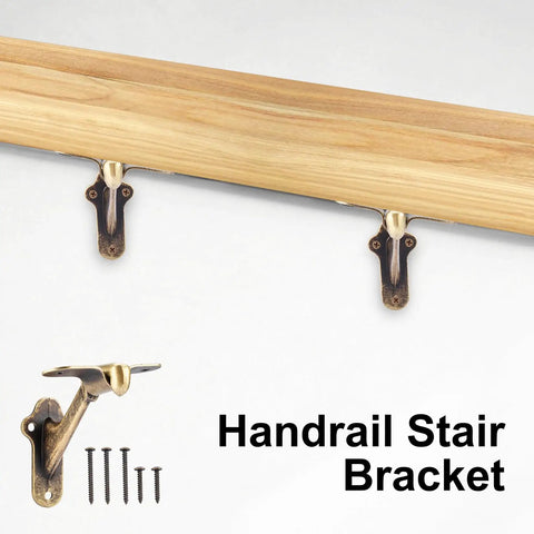 Rock Solid Handrail Stair Brackets For Staircases Heavy Duty Zinc Alloy Railing Supports with Screws Antique Brass Finish shown on wood.