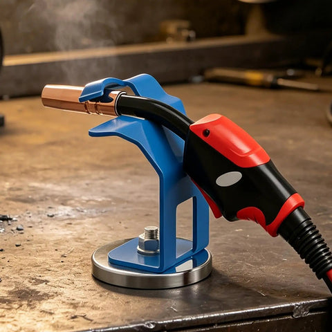 Heavy Duty Welding Holder Stand With Powerful Magnetic Base For Secure MIG Torch Support on a workbench.